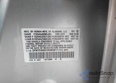 2013 Honda Pilot Ex-L z USA, uszkodzony, nr VIN 5FNYF4H5XDB085817